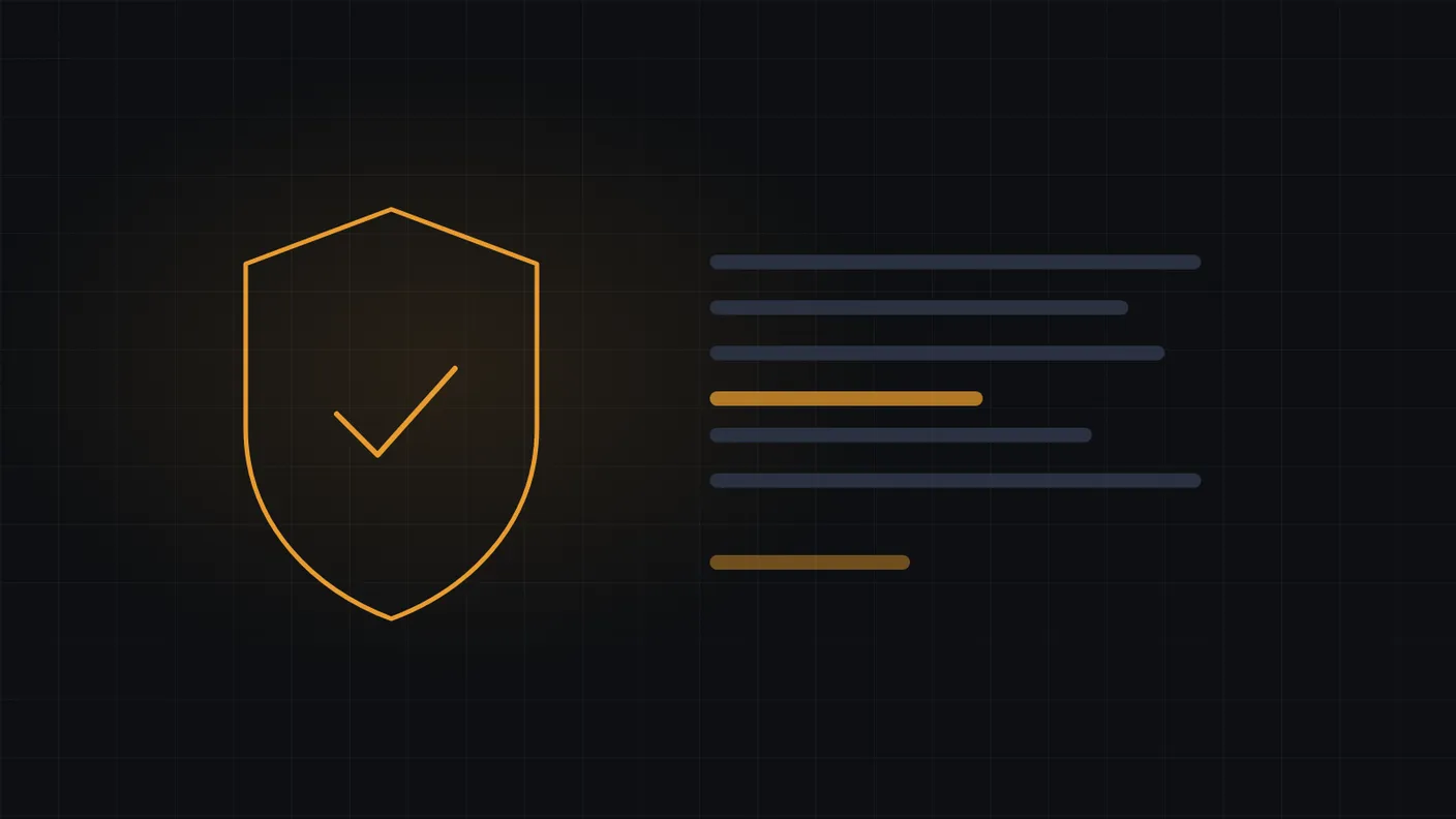 Abstract illustration of a shield with a check mark beside document lines, one clause highlighted in amber, representing EU AI Act UK business rules