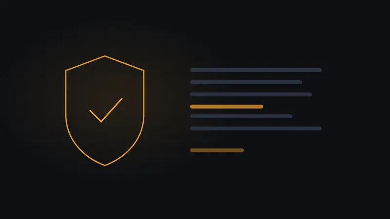 Abstract illustration of a shield with a check mark beside document lines, one clause highlighted in amber, representing EU AI Act UK business rules