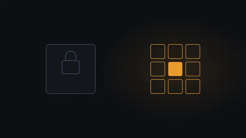 Abstract comparison of a sealed, locked block against an open lattice of connected blocks with one highlighted in amber
