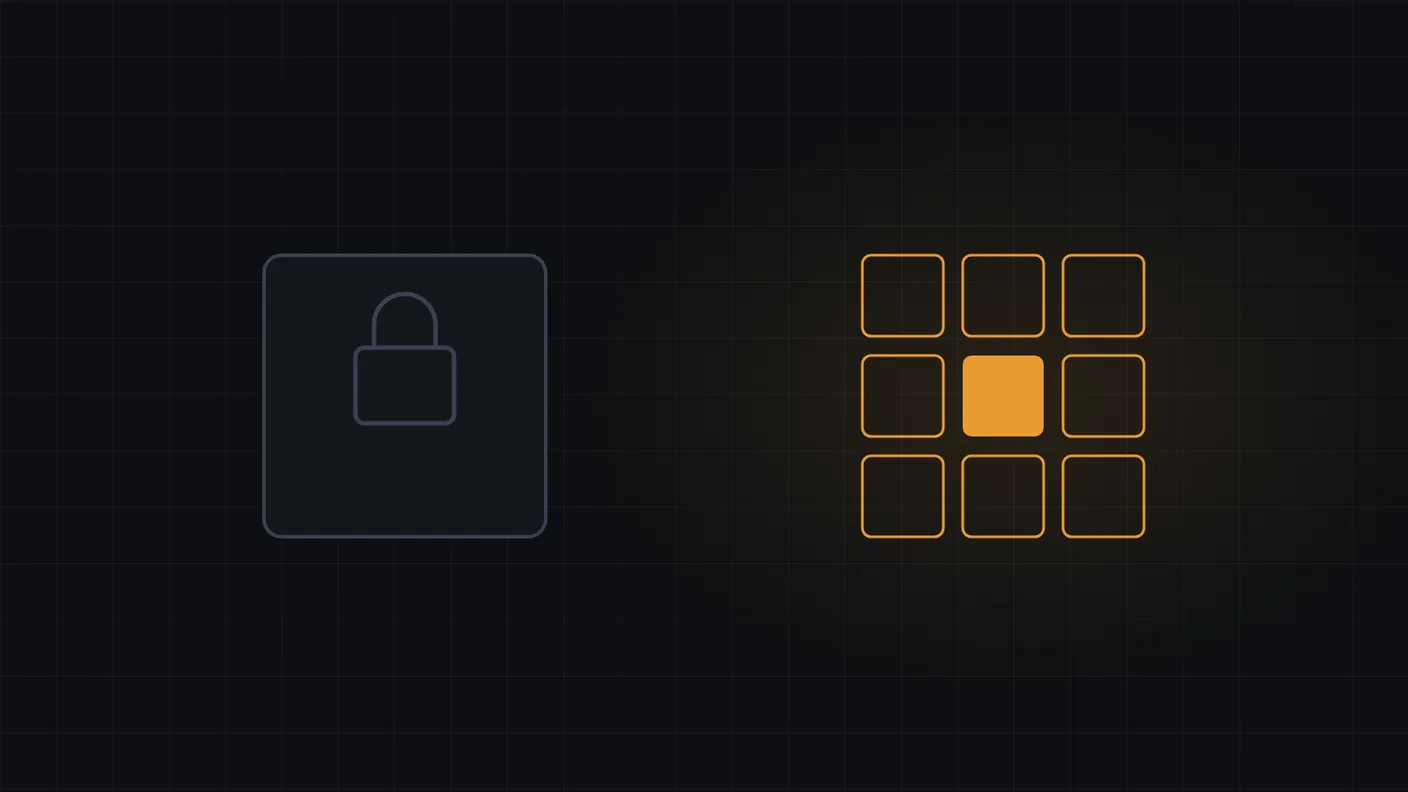 Abstract comparison of a sealed, locked block against an open lattice of connected blocks with one highlighted in amber
